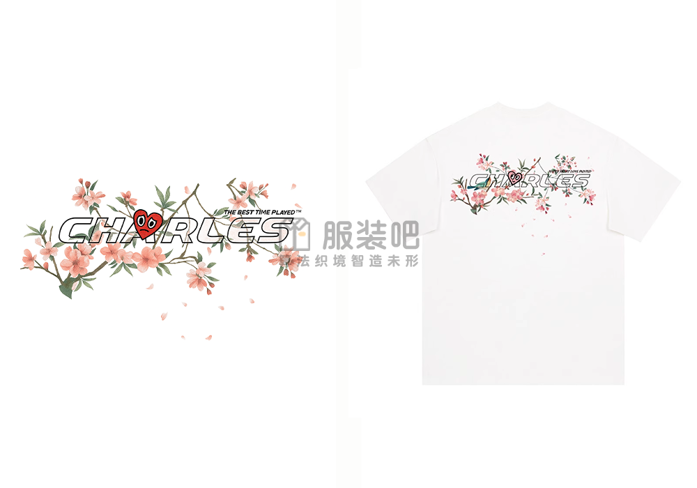 查尔斯美式花卉印花短袖t恤男字母印花图案素材