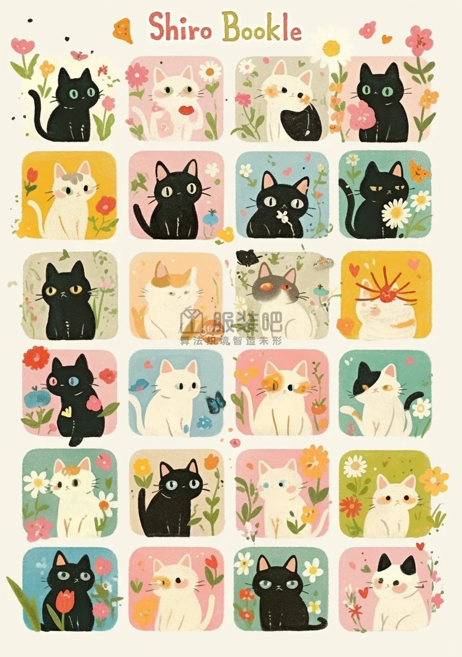 和风猫阵拼图,柔彩方块AI印花(浮世绘灵感生成|童装家居服应用) 和风猫阵拼图,柔彩方块AI印花(浮世绘灵感生成|童装家居服应用)