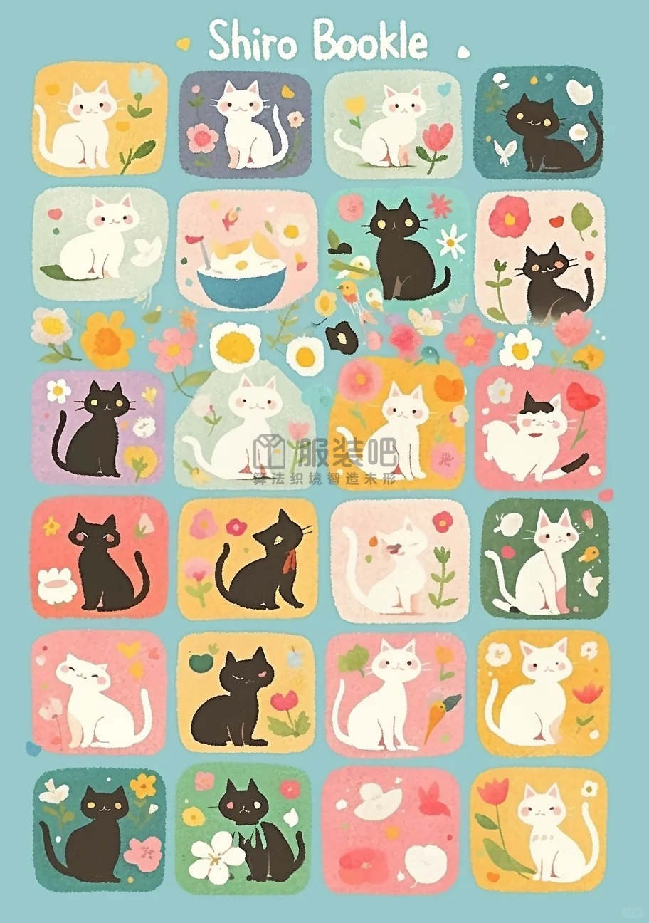 和风猫阵拼图,柔彩方块AI印花(浮世绘灵感生成|童装家居服应用) 和风猫阵拼图,柔彩方块AI印花(浮世绘灵感生成|童装家居服应用)