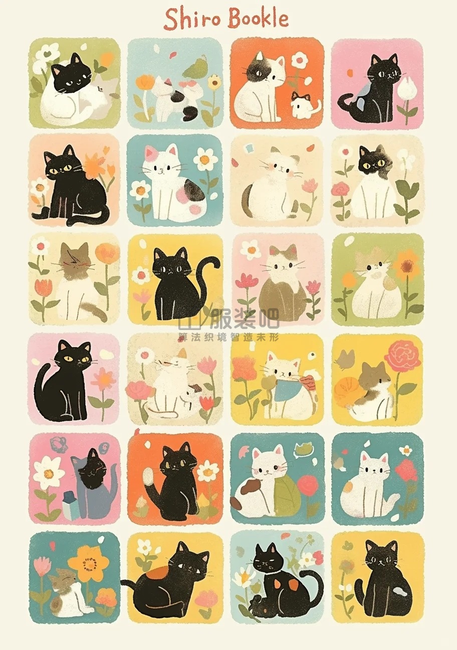 和风猫阵拼图,柔彩方块AI印花(浮世绘灵感生成|童装家居服应用) 和风猫阵拼图,柔彩方块AI印花(浮世绘灵感生成|童装家居服应用)
