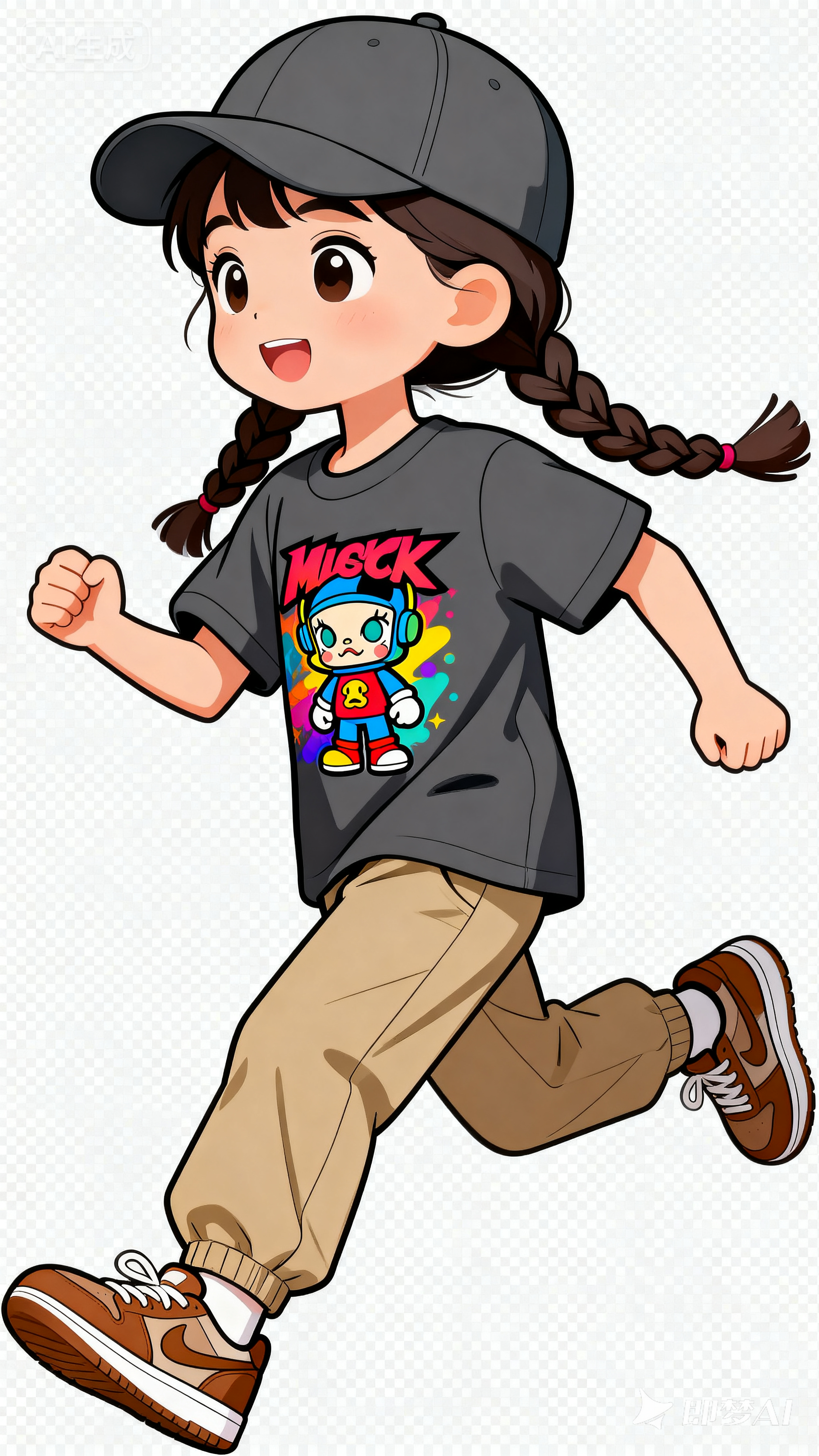 多色彩动漫人物印花：双麻花辫卡通女孩（童装卫衣矢量图案素材）