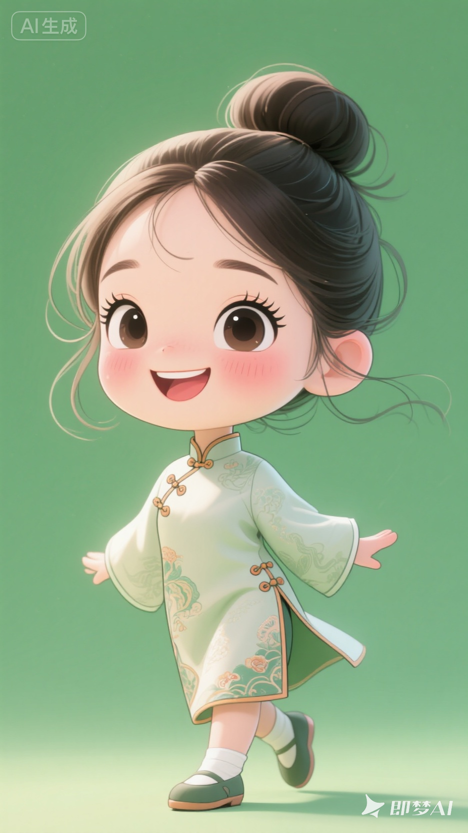 治愈系线描卡通女孩：逆光Q版国风插画（简约唐装印花设计素材）