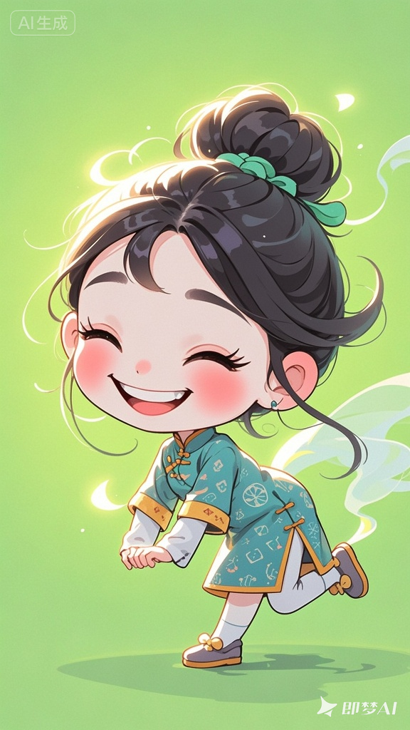 治愈系线描卡通女孩：逆光Q版国风插画（简约唐装印花设计素材）