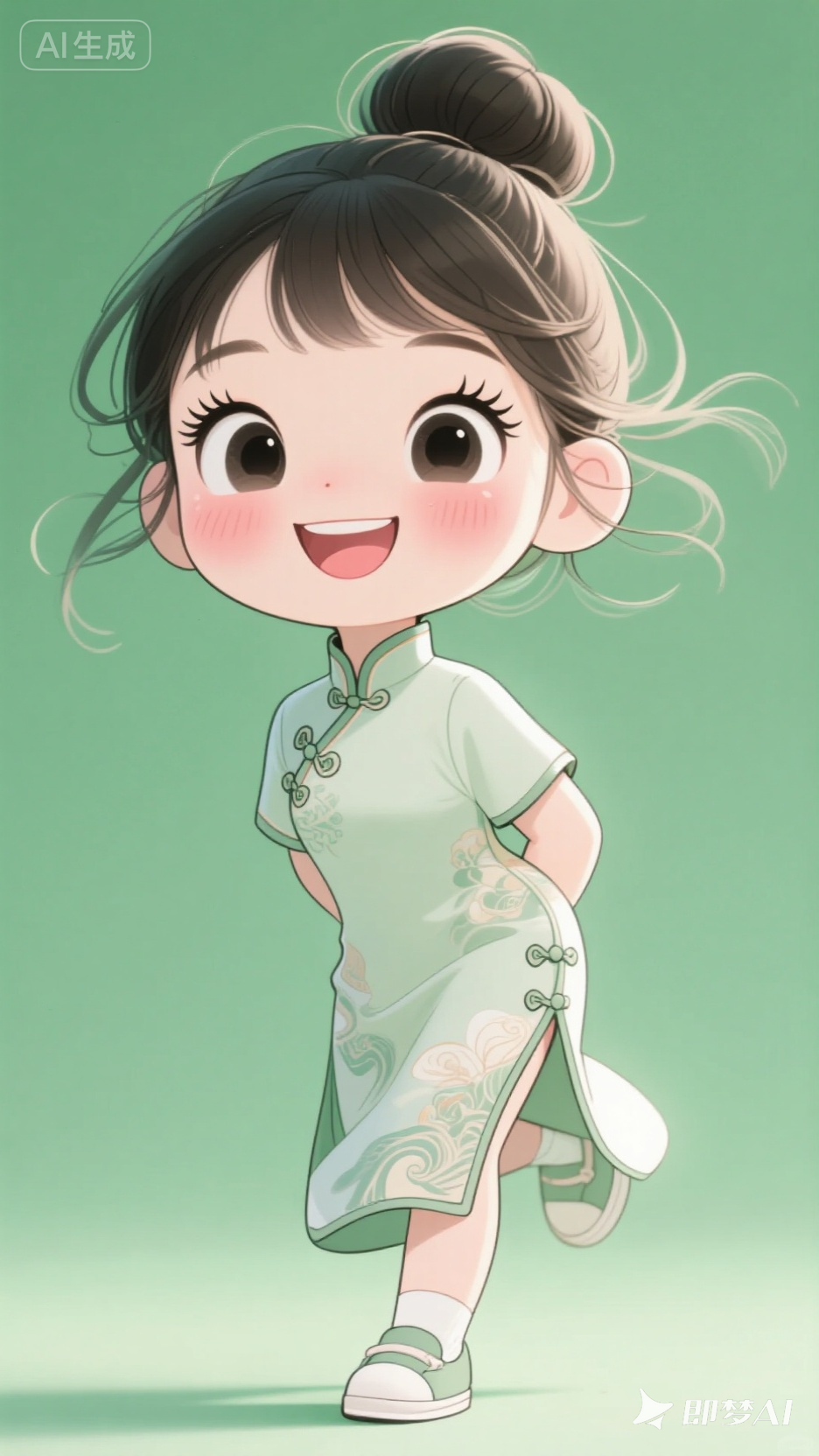 治愈系线描卡通女孩：逆光Q版国风插画（简约唐装印花设计素材）