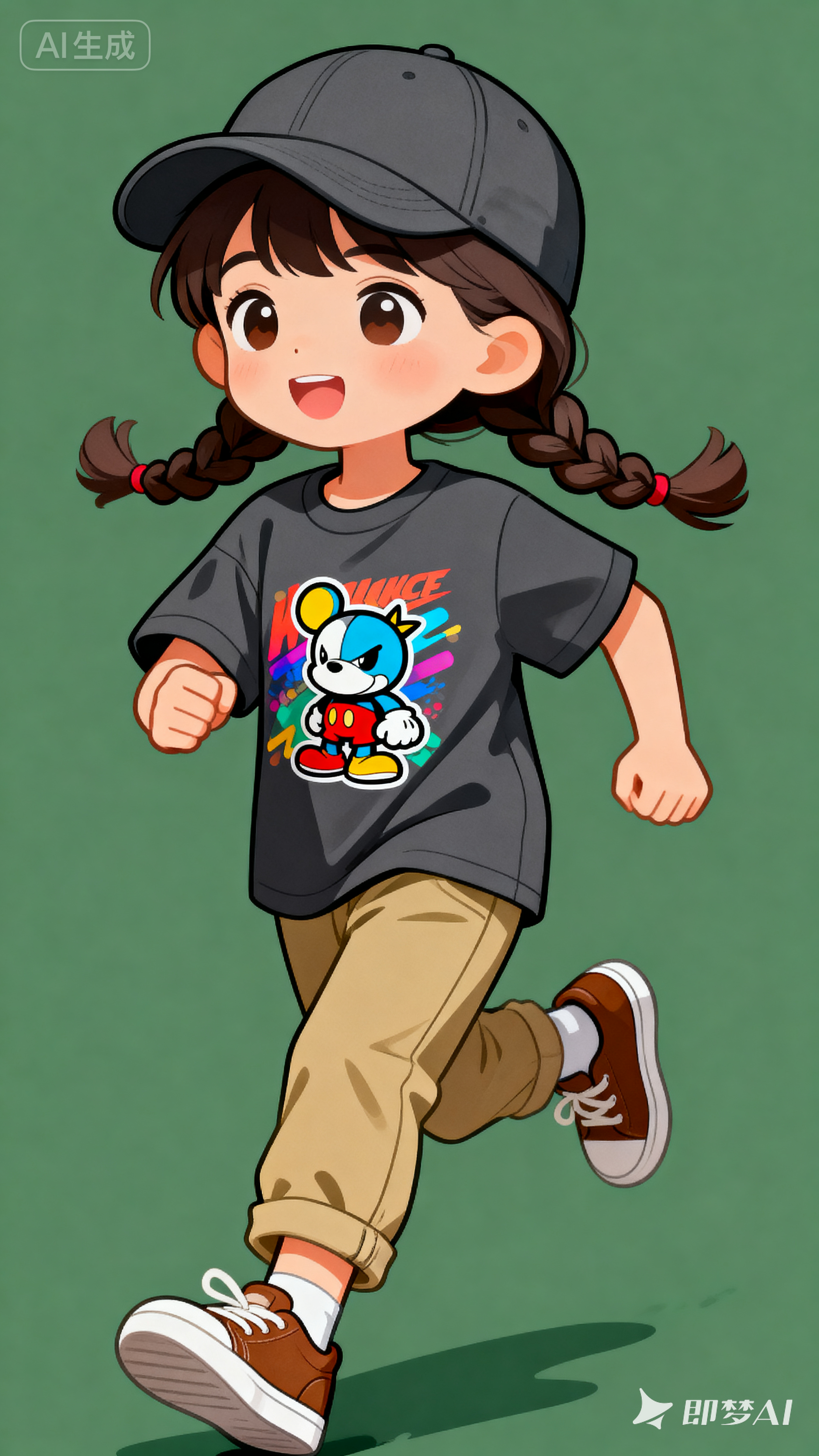 多色彩动漫人物印花：双麻花辫卡通女孩（童装卫衣矢量图案素材）