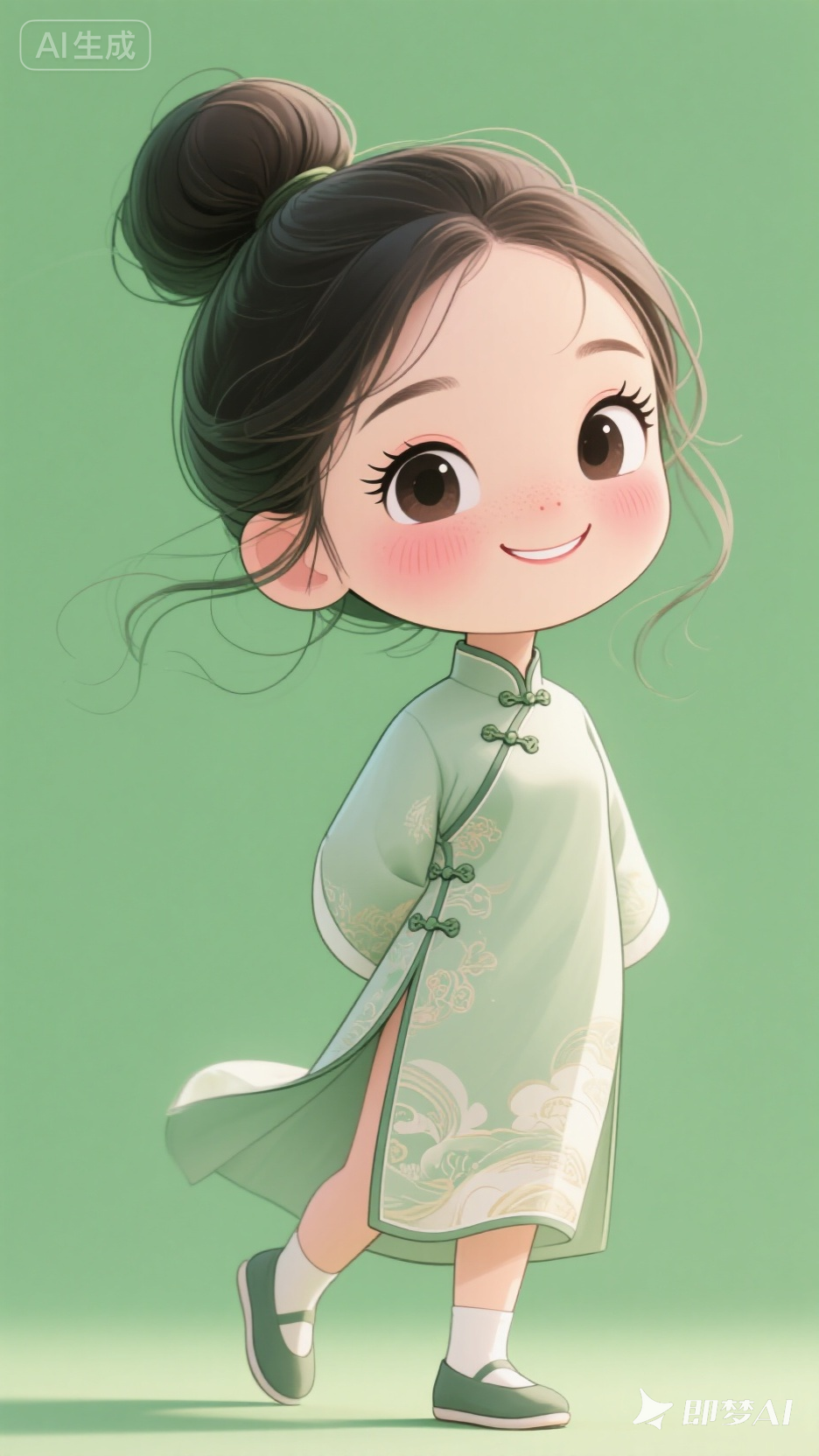 治愈系线描卡通女孩：逆光Q版国风插画（简约唐装印花设计素材）