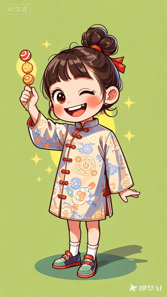 治愈系线描卡通女孩：逆光Q版国风插画（简约唐装印花设计素材）